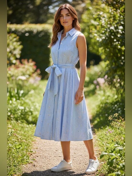 Unbranded Dresses & Skirts - BADGLEY MISCHKA NEW SKY BLUE STRIPE FLORAL GOLD EMBROID MIDI DRESS 10